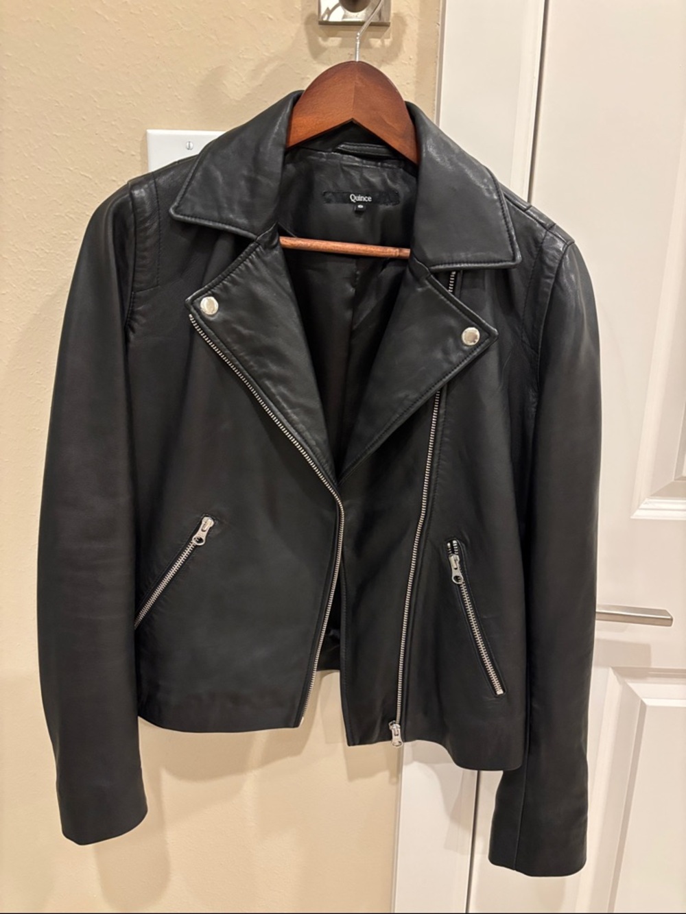 Quince Black Leather Moto Jacket with Silver Hardware